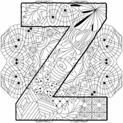 Letter Z monogram, engraving design on mandala for coloring. Vector illustration.