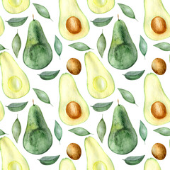 Watercolor seamless pattern fruit avocado hand drawn painting