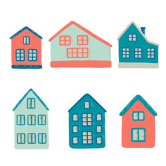 Vector illustration of 6 cute cartoon houses isolated on a white background. Elements for your design.