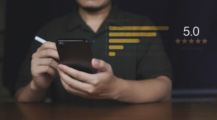 Customer review good rating concept hand pressing five star on visual screen and positive customer feedback testimonial