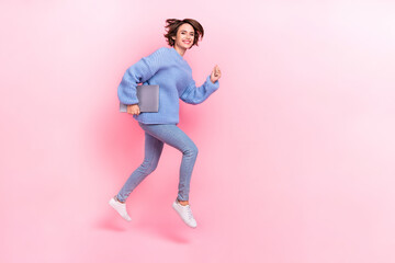 Fototapeta na wymiar Full size profile size photo of funky carefree lady running to work freelancer travel isolated on pink color background