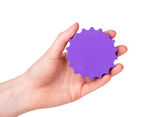 Settings concept. Woman hand with gear isolated on white background. Applications technical parameters. Purple cog wheel. High quality photo