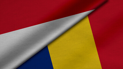 3D Rendering of two flags from Republic of Indonesia and Romania together with fabric texture, bilateral relations, peace and conflict between countries, great for background