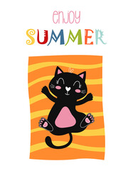 summer vector illustration with cat in cartoon style