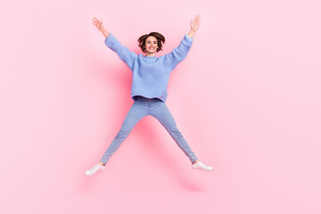 Full length portrait of overjoyed satisfied person make star figure isolated on pink color...