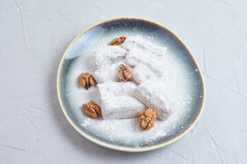Traditional Turkish delight lokum with walnut.