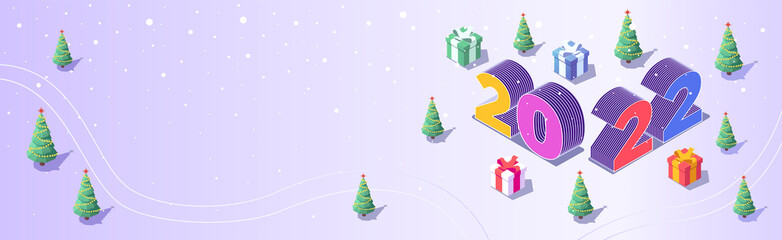 Obraz premium Isometric vector. Delivery service banner for New Year or Christmas. Figures 2022, gifts in the snowy forest of Christmas trees. Nordic courier. Order a purchase in the online store at home on sale 