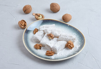 Traditional Turkish delight lokum with walnut.