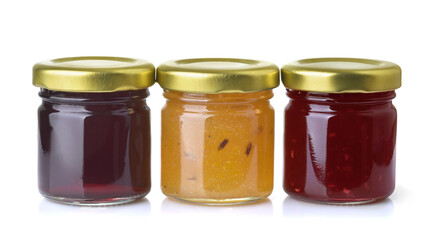Front view of three different jam jars