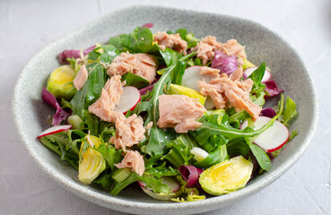 Tuna salad with lettuce, spring onions, brussels sprout, cabbage, arugula, radish and canned tuna. Vitamin salad. Close up.