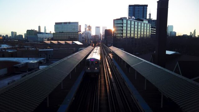 Subway Train Pulling Into City Station Early Morning