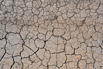 Dry mud cracked ground texture. Drought season background. Dry and cracked land, dry due to lack of rain. Effects of climate change.