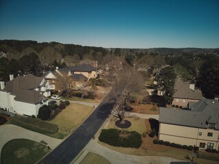 Panoramic aerial view of an upscale subdivision in Suburbs of Atlanta.