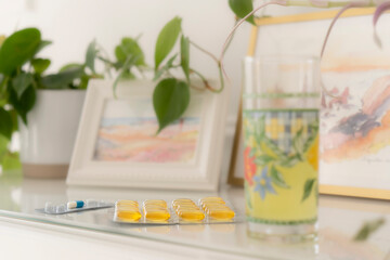 Pharmaceuticals antibiotics pills medicine in the home space with copy space