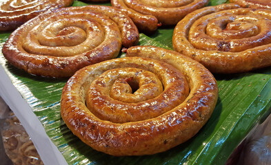 Close Up Thai Sausage on banana leaf
