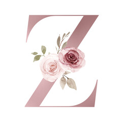 Alphabet, letter Z with watercolor flowers and leaf. Wedding monogram initials perfectly for wedding invitations, greeting card, logo, poster and other design. Hand painting.