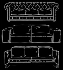 Furniture vector set with sofa. Modern interior details isolated. Line sketch illustration.