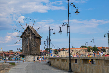 Fototapeta na wymiar town country , Nessebar old town old wind mill.