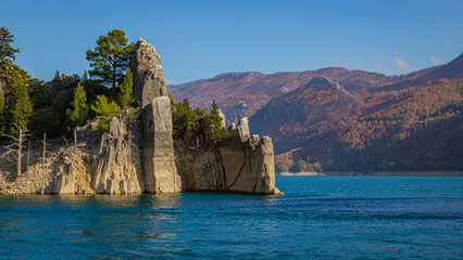 Stone cliffs at Oymapinar Dam in Green Canyon in Turkey