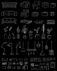 Interior set loft style. Living room creation kit. Doodle furniture and comfortable cozy home accessories. Collection with sofa, armchair, table, pot, plant, lamp, pillow. Line vector illustration