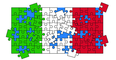 jigsaw puzzle pieces with Flag Italy ( azure blue ). Italia puzzle pieces icon or pictogram. national country symbol. Cartoon vector Italian logo. Platte puzzels. Mosic sign. Sport, football, wk ek.