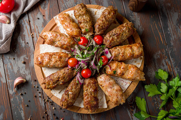 Assorted lula kebabs on board with red onion, Lamb Lula kebab, beef lula kebab, chicken lula kebab...