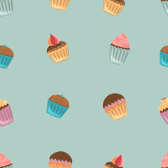 Seamless pattern of cupcakes. Vector background. Background for birthday.