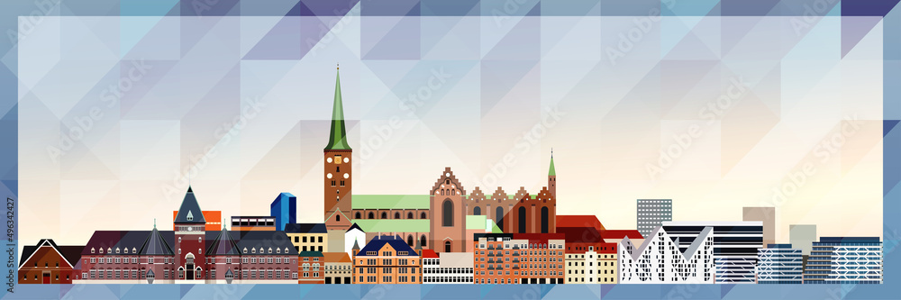 Wall mural aarhus skyline vector colorful poster on beautiful triangular texture background