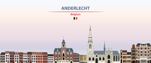 Anderlecht cityscape on sunset sky background vector illustration with country and city name and with flag of Belgium