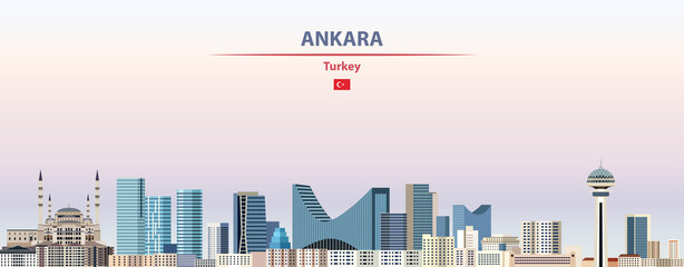 Obraz premium Ankara cityscape on sunset sky background vector illustration with country and city name and with flag of Turkey