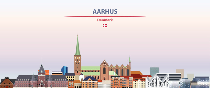 Aarhus cityscape on sunset sky background vector illustration with country and city name and with flag of Denmark