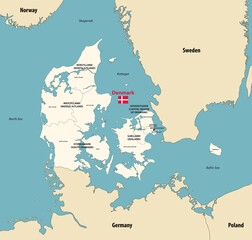Denmark regions vector map with main cities and with neighbouring countries and territories