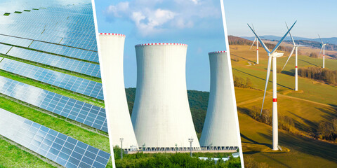 Collage of green energy concept with solar cell panels, nuclear power station and windmill....