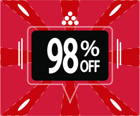 98% off. Red banner with a black balloon for sales and promotions