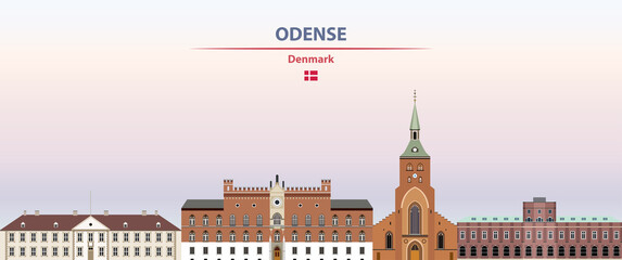 Fototapeta na wymiar Odense cityscape on sunset sky background vector illustration with country and city name and with flag of Denmark