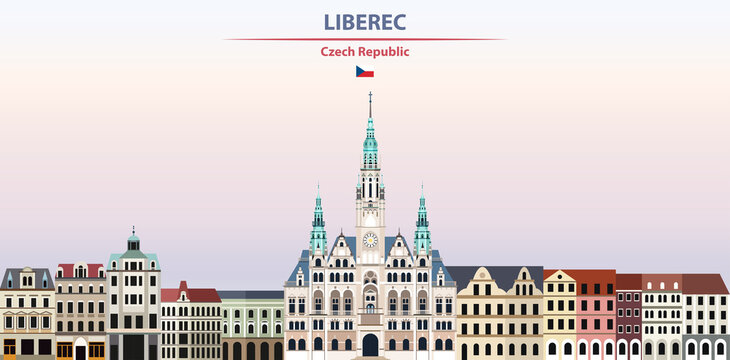 Liberec cityscape on sunset sky background vector illustration with country and city name and with flag of Czech Republic