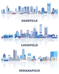 vector collection of United States cityscapes: Nashville, Louisville, Indianapolis skylines in tints of blue color palette. Сrystal aesthetics style