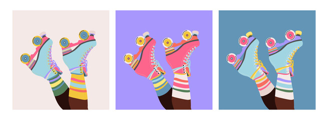 Set of roller skates on woman legs with long socks. Girls wearing roller skates. Hand-drawn trendy illustration of legs and rollerblades. Female legs. Pastel colour web banner design. Modern poster.