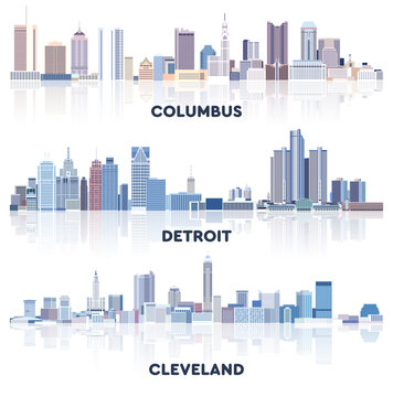 vector collection of United States cityscapes: Columbus, Detroit, Cleveland skylines in tints of blue color palette. Crystal aesthetics style