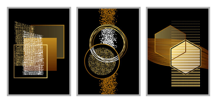 3 affiches ou triptyque compos&eacute;es de formes g&eacute;om&eacute;triques, carr&eacute;es, rondes et hexagonales, de couleurs or, cuivre et blanches sur un fond noir.