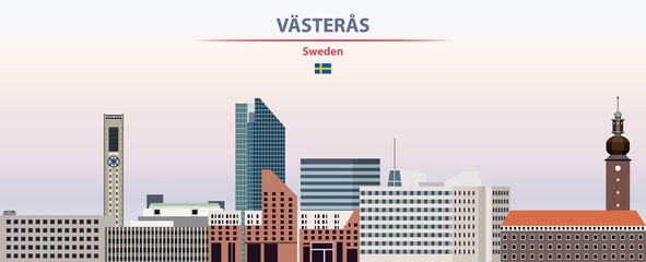 Vasteras cityscape on sunset sky background vector illustration with country and city name and with flag of Sweden