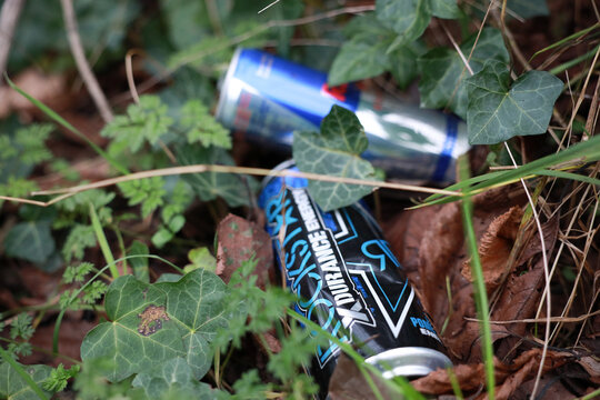 Gateshead UK - 6th Jan 2020: Litter/trash/garbage discarded energy drinks cans with copy space