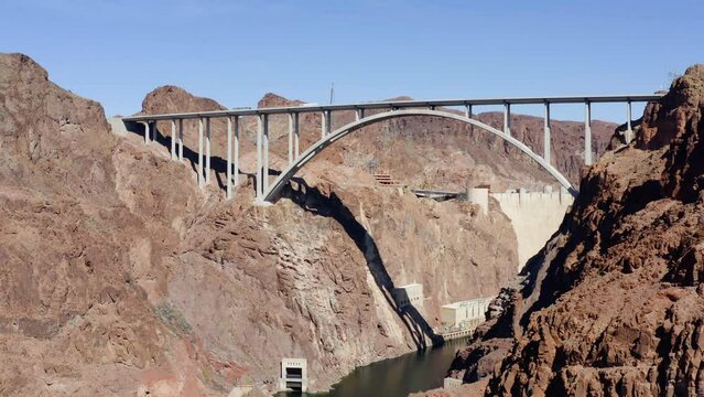Aerial drone view approaching the Mike O&acute;Callagahan - Pat Tillman memorial bridge in Kingman, USA