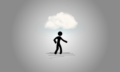 Sad stick person walking under cloud above head, conceptual, sad Joe, copy space