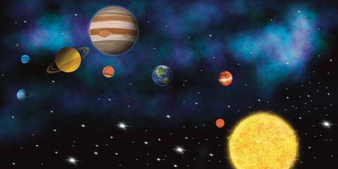Fototapeta na wymiar Named planets of the solar system Sun and meteorites with asteroids Venus and Mercury Earth and Mars Jupiter and Uranus Pluto and Neptune Cartoon Astronomy Lesson Set