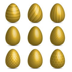 Set of Golden Easter Eggs Symbol with Different Texture on White Background. Happy Easter Day Vector Illustration