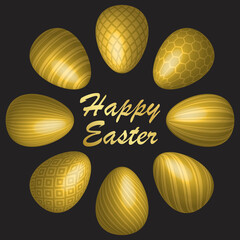 Golden Easter Eggs Symbol with Different Texture for Template. Happy Easter Day Vector Illustration