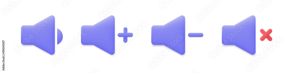 Poster set of 3d volume control icons in minimalistic cartoon style. volume and mute buttons. loudspeaker v