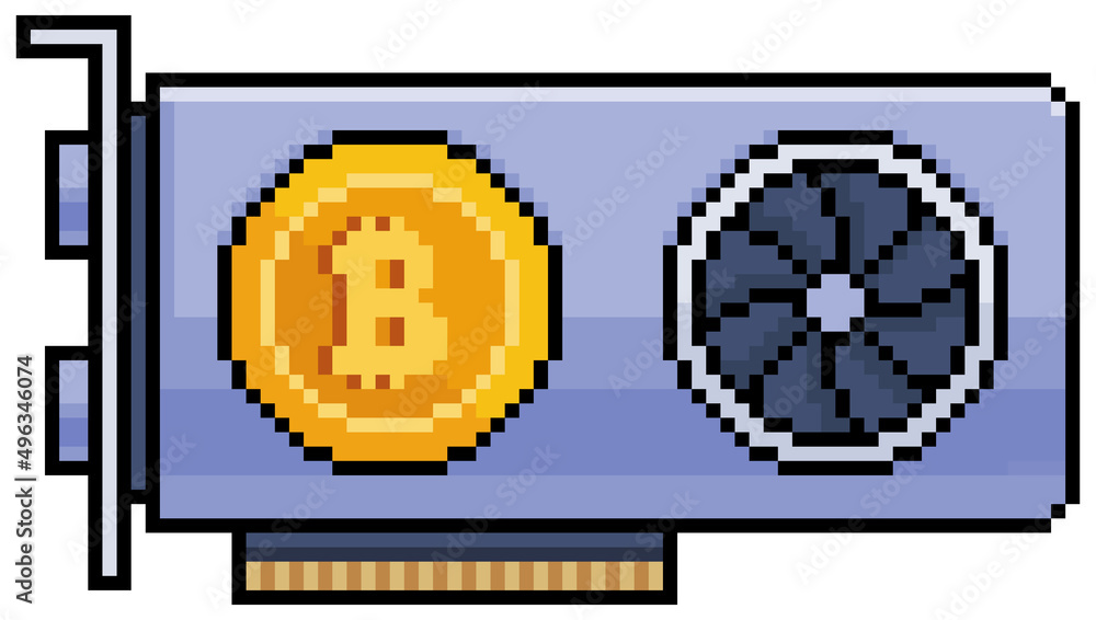 Poster pixel art cryptocurrency mining graphics card vector icon for 8bit game on white background
