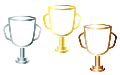 Gold silver bronze vector winner cup icons isolated on white background. Flat trophy icon. Simple champion's cup icon in minimalist style. Sport competitions graphic design element, success symbol.